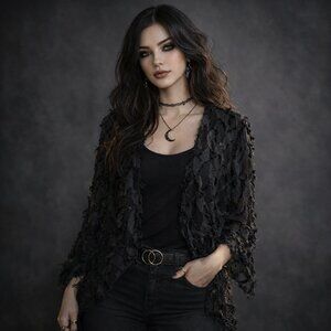 Whimsigoth Sheer Kimono Style Top Womens Size L Black Fairy Grunge Open Front